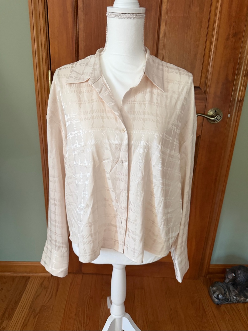 Express Beige Plaid Satin Button-Down Blouse